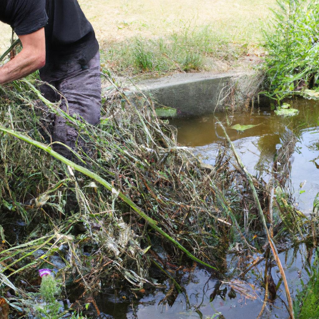 Person clearing vegetation for pond
