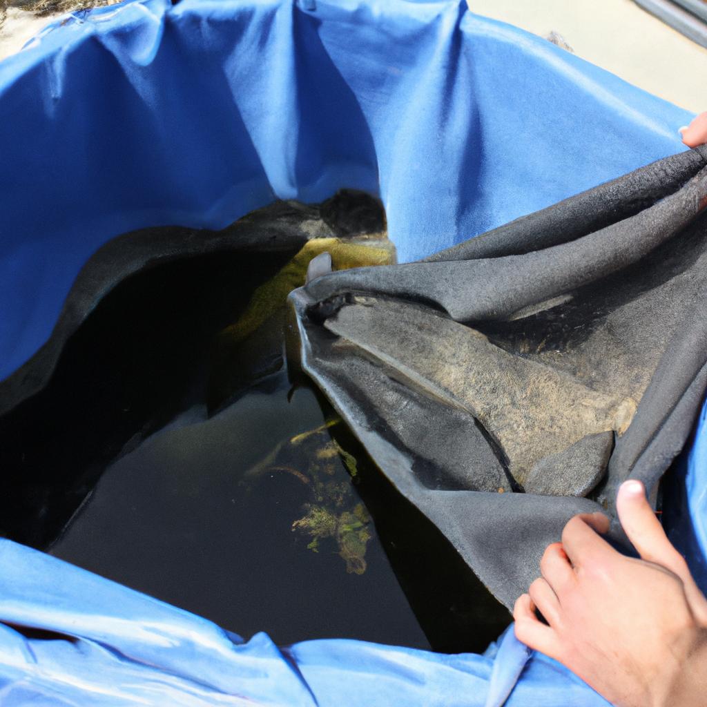 Person installing pond liner correctly