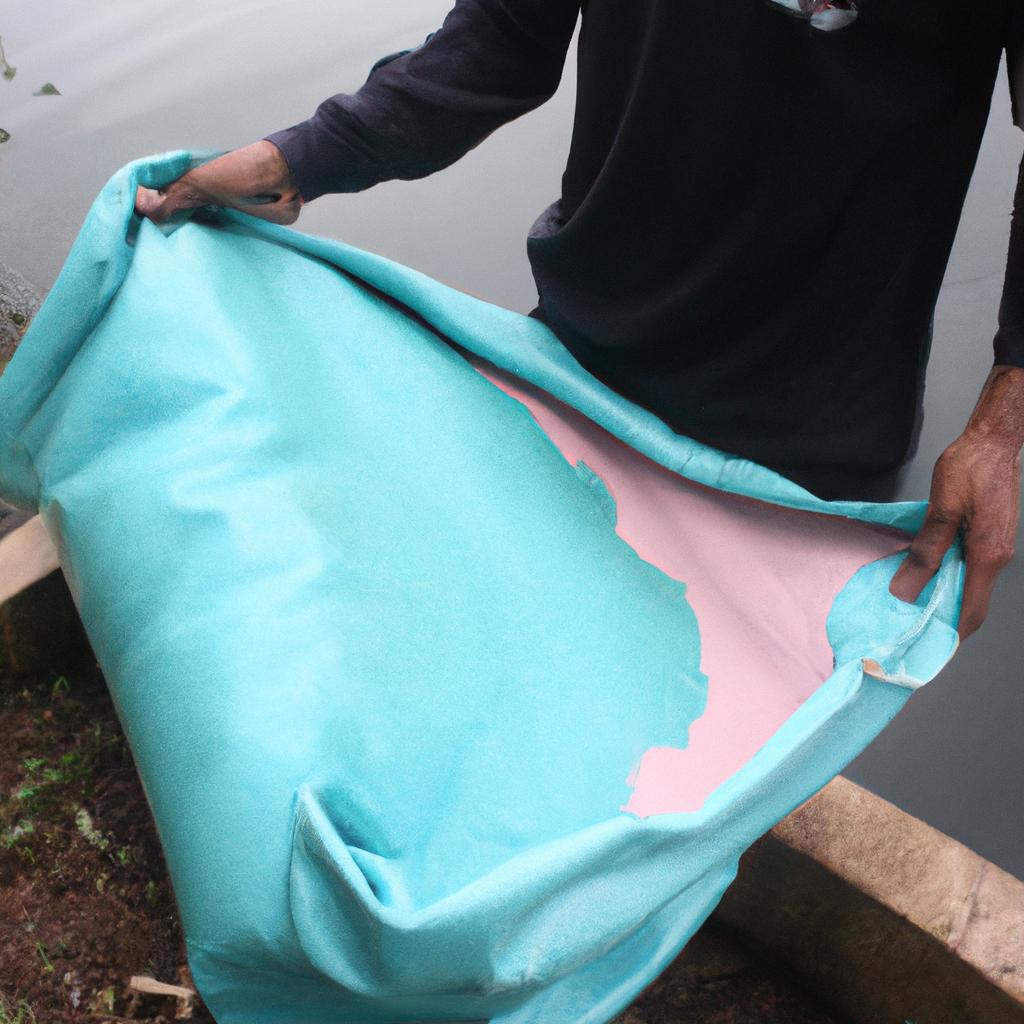 Person holding pond liner material
