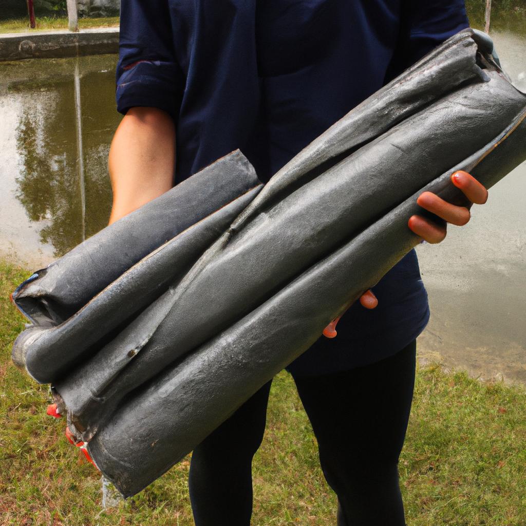 Person holding pond lining materials
