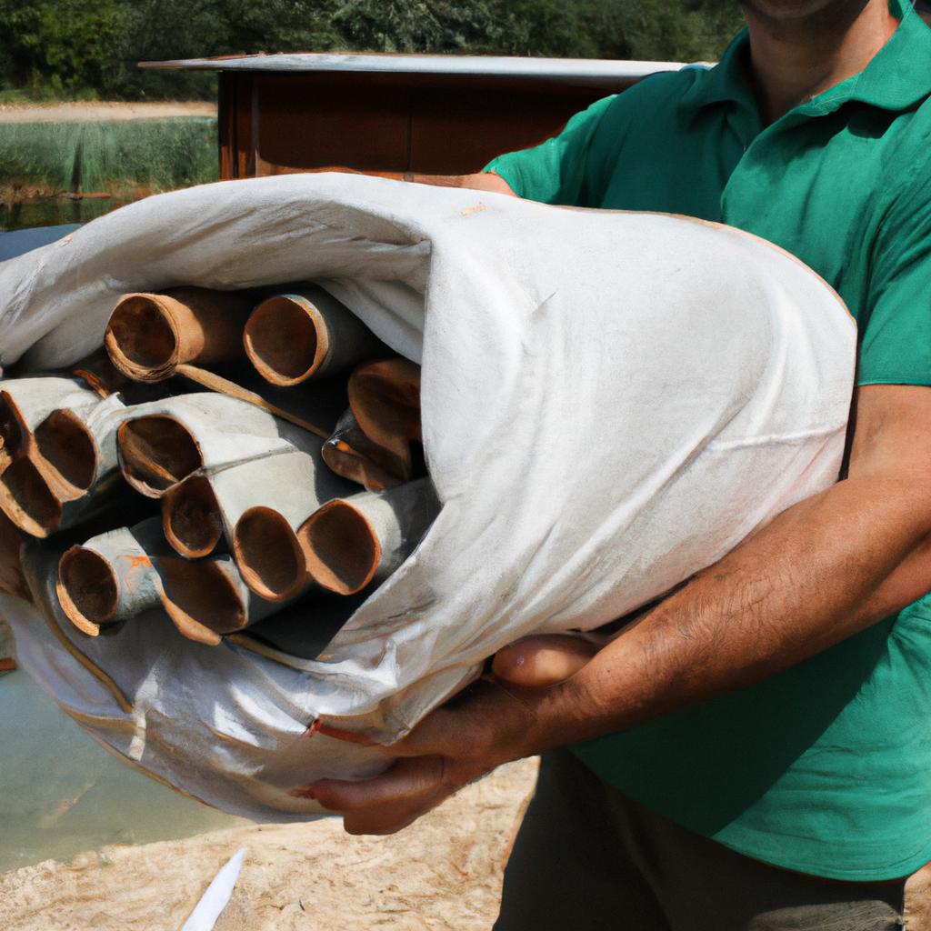 Person holding pond construction materials