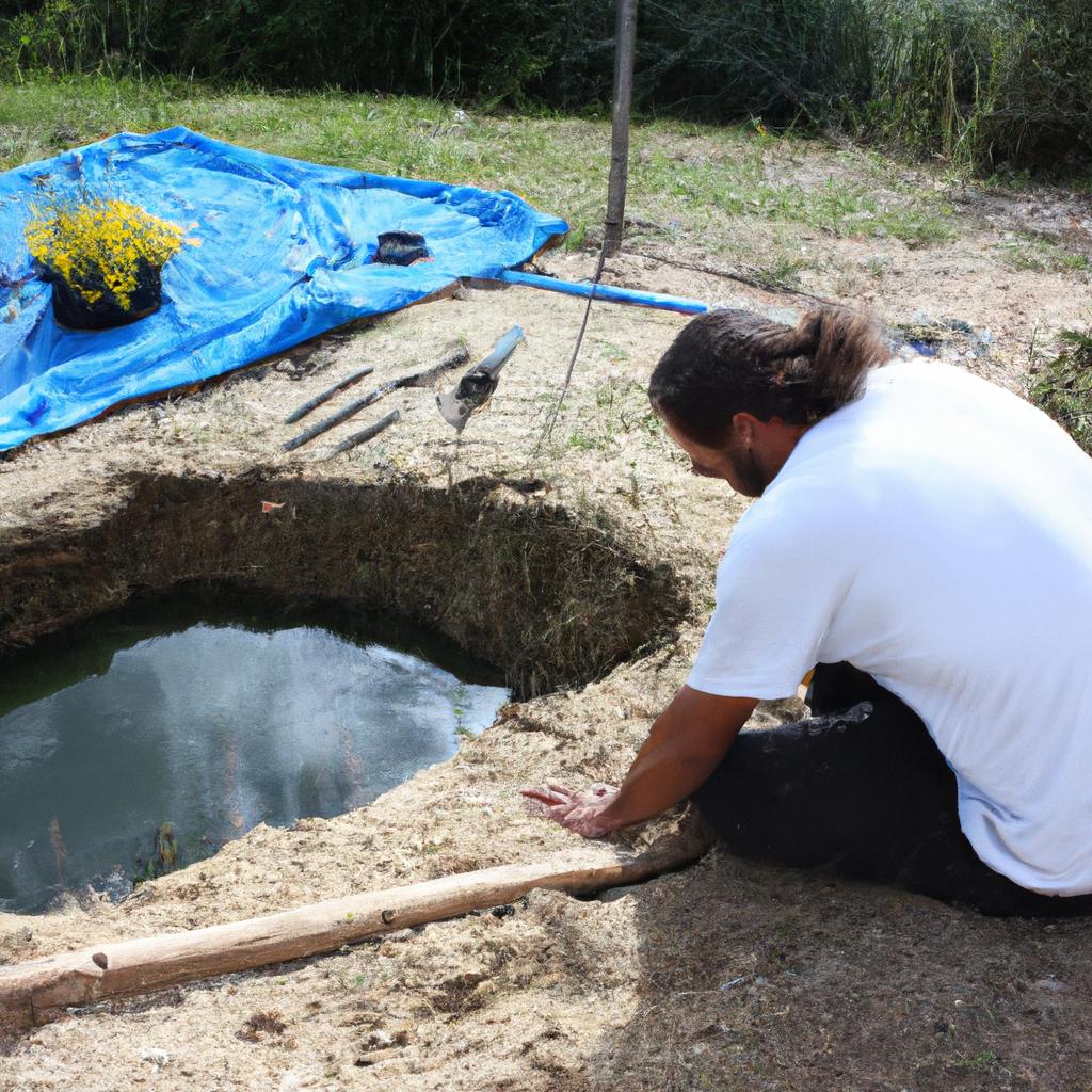 Person constructing pond lining techniques