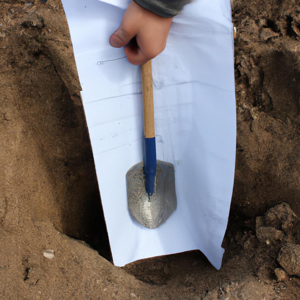 Person holding blueprints, digging ground